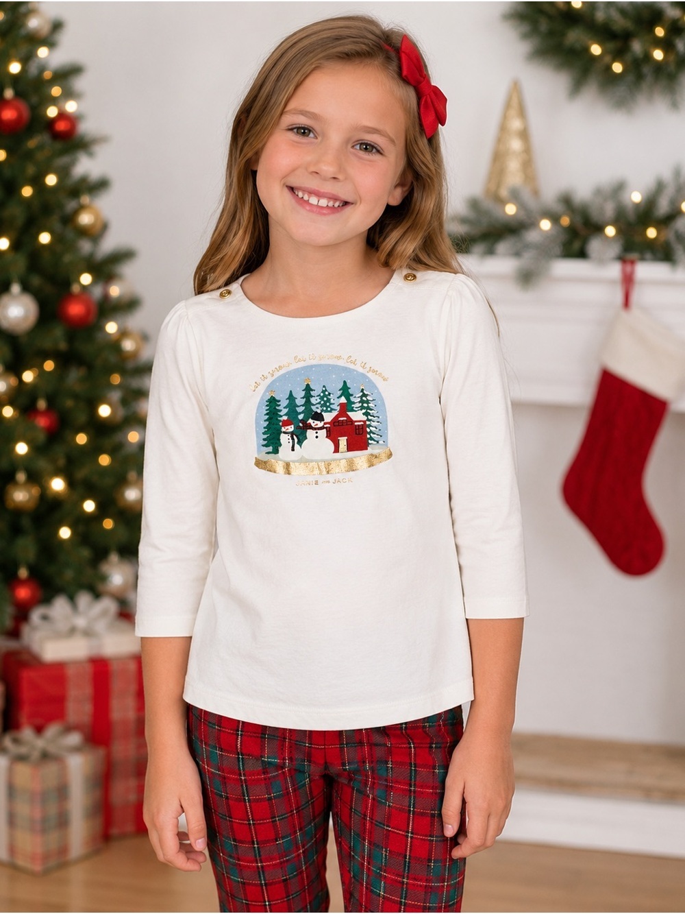 Janie and Jack Snow Globe Holiday Top Girls Size 6 White 3/4 Sleeve